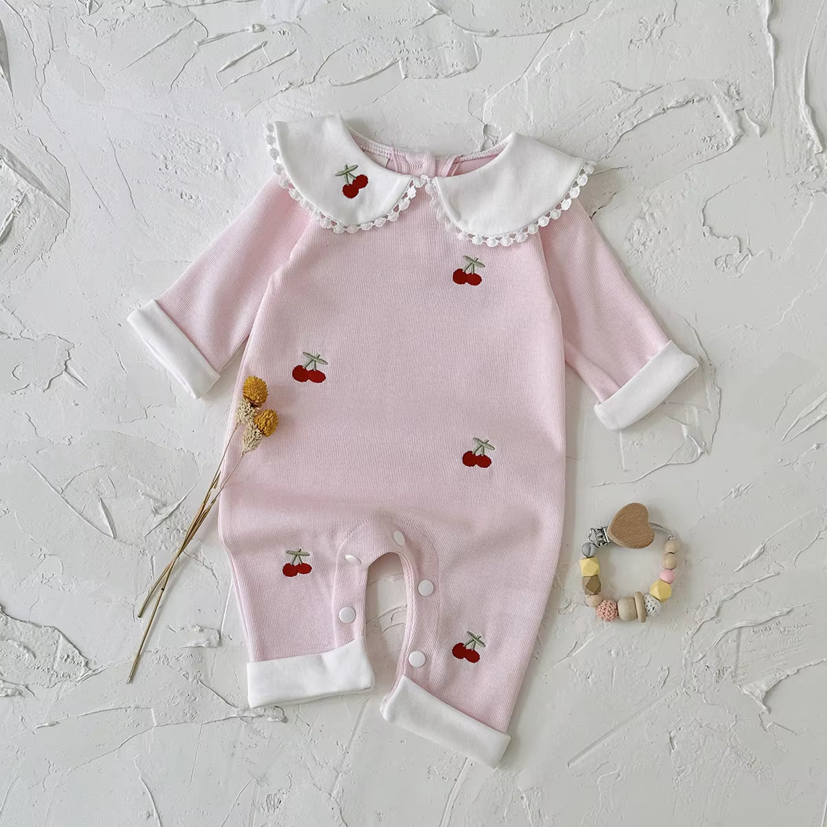Autumn Baby Girl Romper – Cherry Embroidery Long Sleeve Jumpsuit (0–24 Months)