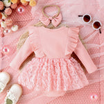 2PCS Autumn 0-1 Year Old Girl Baby Sweet And Cute Round Collar, Pit Strip, Flower Skirt, Long-Sleeved Suit + Bow Hair Band