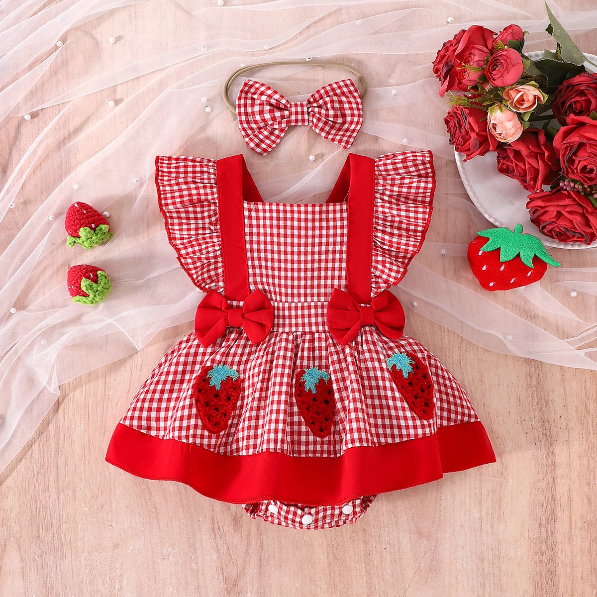 2PCSSummer Cross-Border New Style For Girls And Babies 0-1 Years Old Sweet And Cute Red And White Plaid Dress Pants