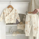 Floral Jacquard Knit Baby Set – 4PCS Autumn & Winter Outfit with Coat, Pants, Hat & Socks (1–3 Years)