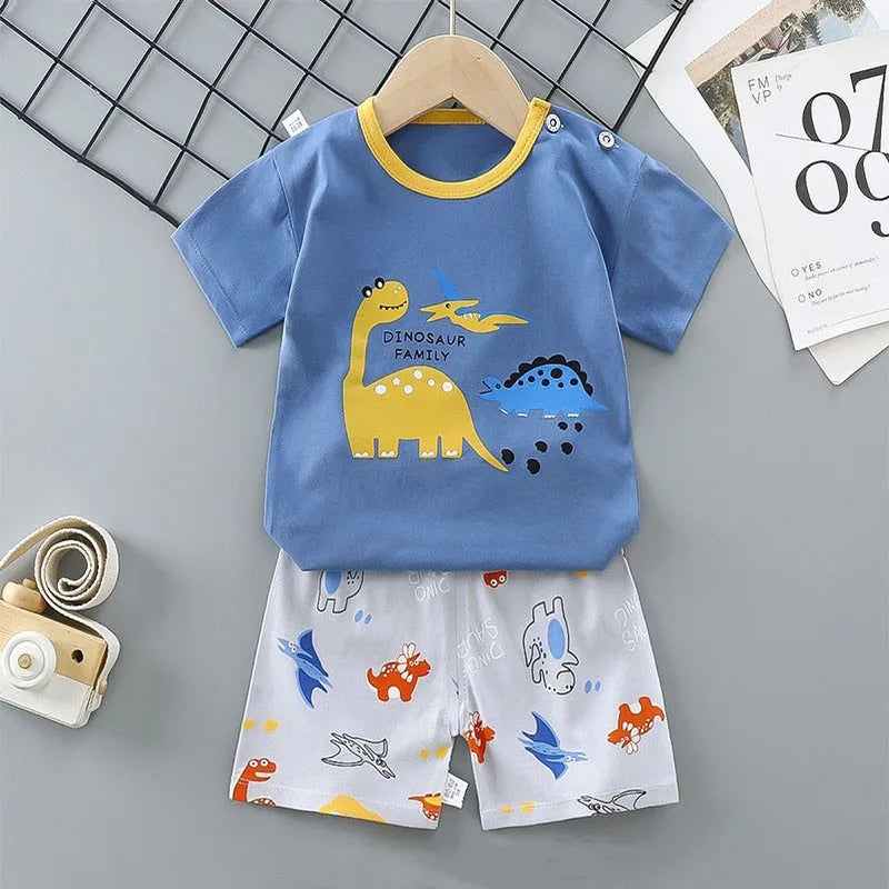 Cotton Tees+Shorts 2-piece Tracksuit Set Kid Cartoon Zebra Dinosaur Print Summer Suit Children Boys Girls Baby 1-6 Years Clothes