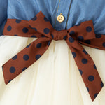 Spring Long Sleeved Dress Girl Denim Blue Dress Fake Two Pieces Tutu Dress For Kids Send Bow Belt