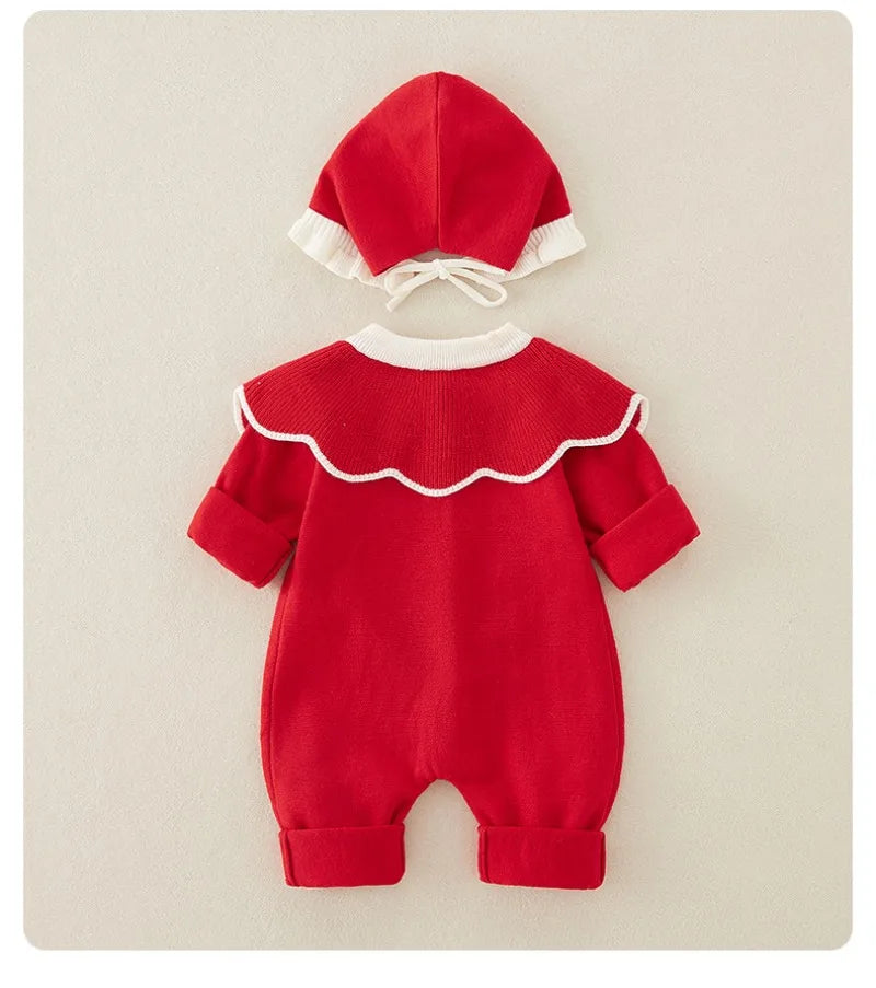 Knitted Patchwork Baby Romper with Hat – Embroidered Long Jumpsuit for Girls (1–3 Years)