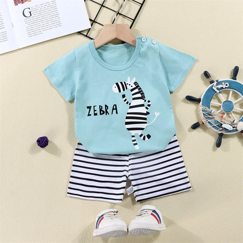 Cotton Tees+Shorts 2-piece Tracksuit Set Kid Cartoon Zebra Dinosaur Print Summer Suit Children Boys Girls Baby 1-6 Years Clothes