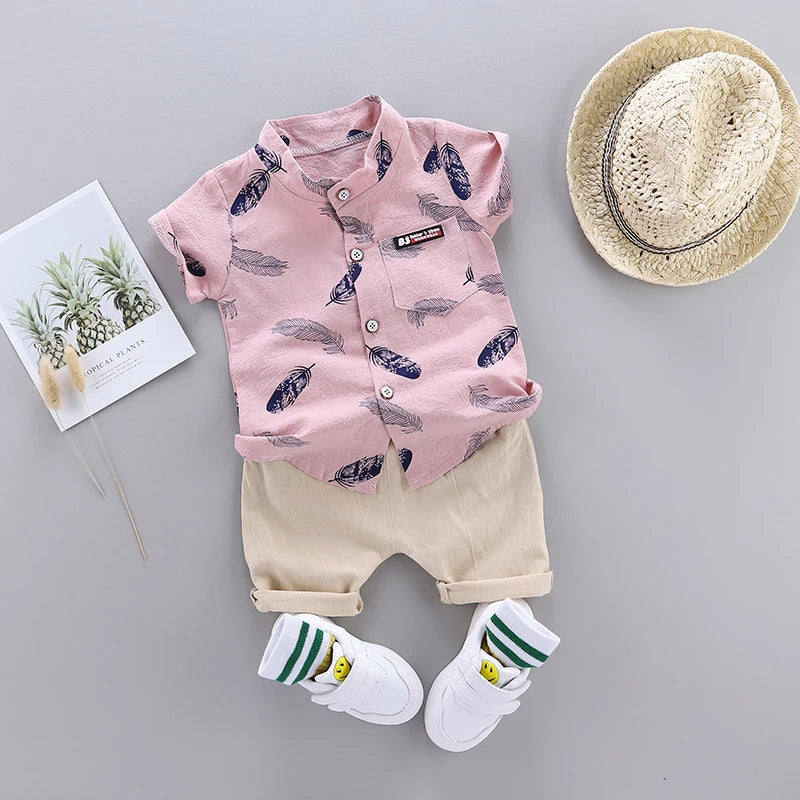 0-3 Year Old Baby Summer Feather Print Shirt Short Sleeve Suit