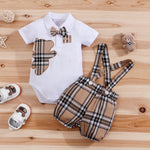 2PCS IURNXB Baby Clothes Sets Short Sleeve Boys Infant Plaid Bear Bodysuit+Suspenders Trousers Set Overall Newborn Outfits 1-18M