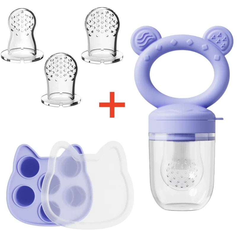 Baby Fruit Food Feeder & Mini Freezer Nibble Tray with Lid Breastmilk Popsicle Molds Silicone Infant Self Feeding Food Pacifier