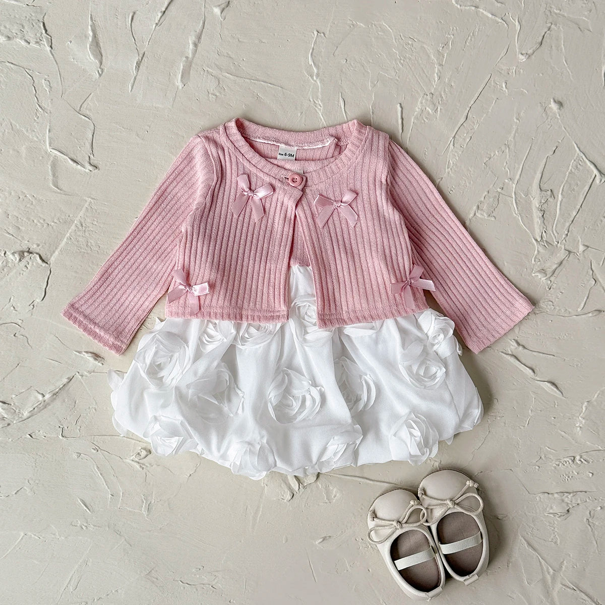 Baby Girl 3D Rose Knit Set – Pink Knitted Top & Beige Puff Skirt Outfit for Autumn (0–3 Years)