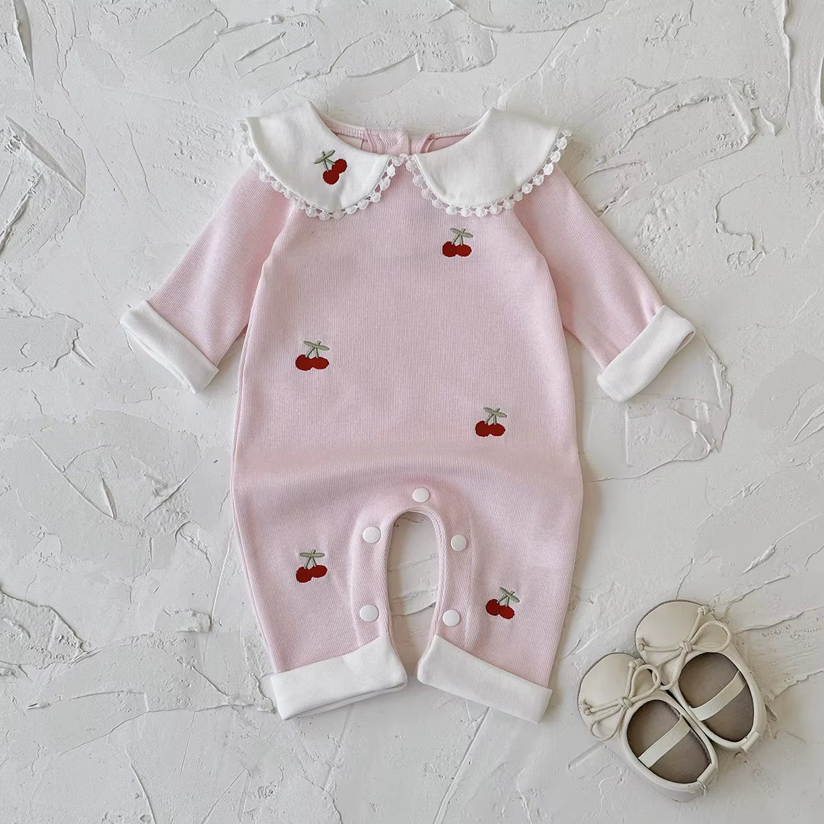Autumn Baby Girl Romper – Cherry Embroidery Long Sleeve Jumpsuit (0–24 Months)