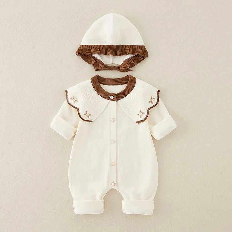 Knitted Patchwork Baby Romper with Hat – Embroidered Long Jumpsuit for Girls (1–3 Years)