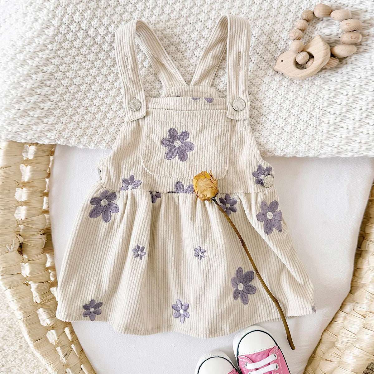 Baby Girl Denim Embroidered Dress – Floral Strap Skirt One-Piece Summer Outfit (1–2 Years)