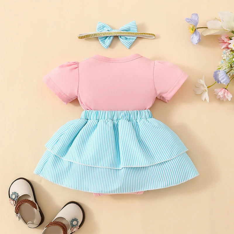 Cartoon Bear Embroidered Baby Romper Set – Summer Jumpsuit & Headband Outfit for Girls (0–18 Months)