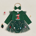 Christmas Baby Girl Bodysuit Dress Set – Letter Print & Star Mesh with Headband (0–12 Months)