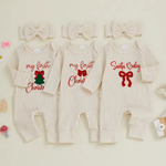 Christmas Baby Girl Romper with Headband – Embroidered Long Sleeve Waffle Jumpsuit (0–12 Months)