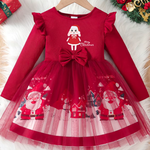Christmas Red Tulle Princess Dress for Girls – Long Sleeve Santa & Snowman Print Outfit (4–6 Years)