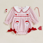 Christmas Baby Romper – Long Sleeve Bubble Bodysuit with Santa Embroidery & Doll Collar | Newborn Winter Outfit