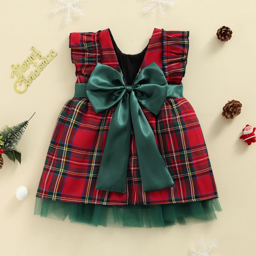 Toddler Girl Christmas Plaid Dress with Bow – Ruffle Sleeve A-Line Holiday Outfit (6M–6T)