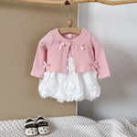 Baby Girl 3D Rose Knit Set – Pink Knitted Top & Beige Puff Skirt Outfit for Autumn (0–3 Years)