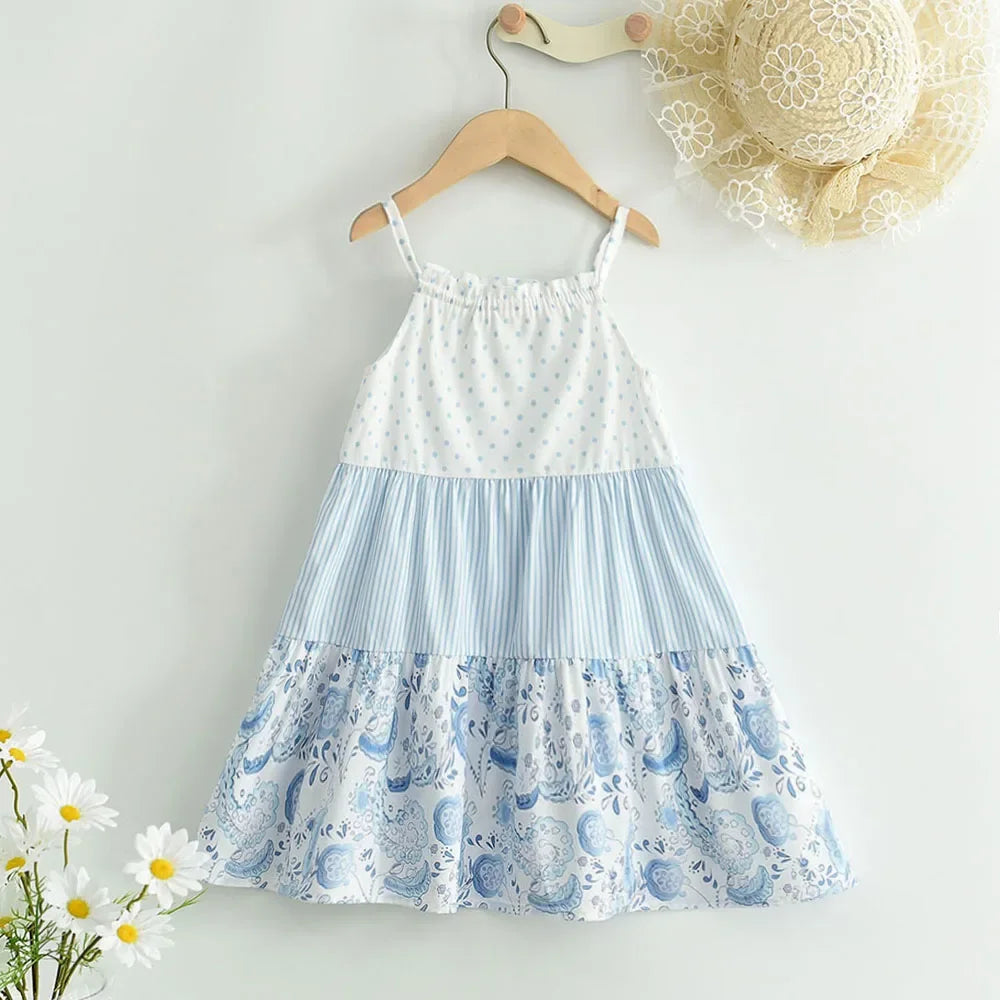 Summer Girls' Clothing Polka Dot Striped Flower Patch Vest Skirt Girls' Fashion Dress 3-7 Years Old Girls Clothes Kids Clothes