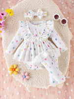 3PCS Autumn New Style 0-1 Year Old Newborn Girl Baby Sweet And Cute Printed Long-Sleeved Clothes + Socks Hair Bands
