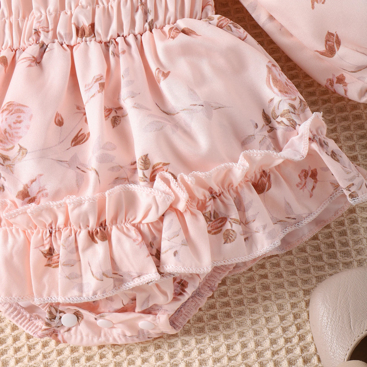 2PCS Spring And Autumn 0-1 Year Old Girl Baby Sweet And Cute Apricot Long-Sleeved Floral Skirt Hat + Hair Band Set