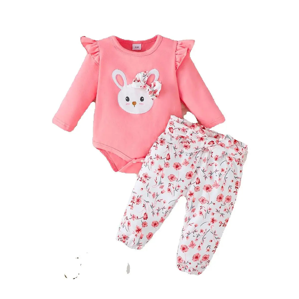 3PCS Baby Girl Clothes Outfits for 0-18 Months Ruffled Sleeve Lovely Rabbit Bodysuit+Flower Shorts+Headband Summer Casual Wear