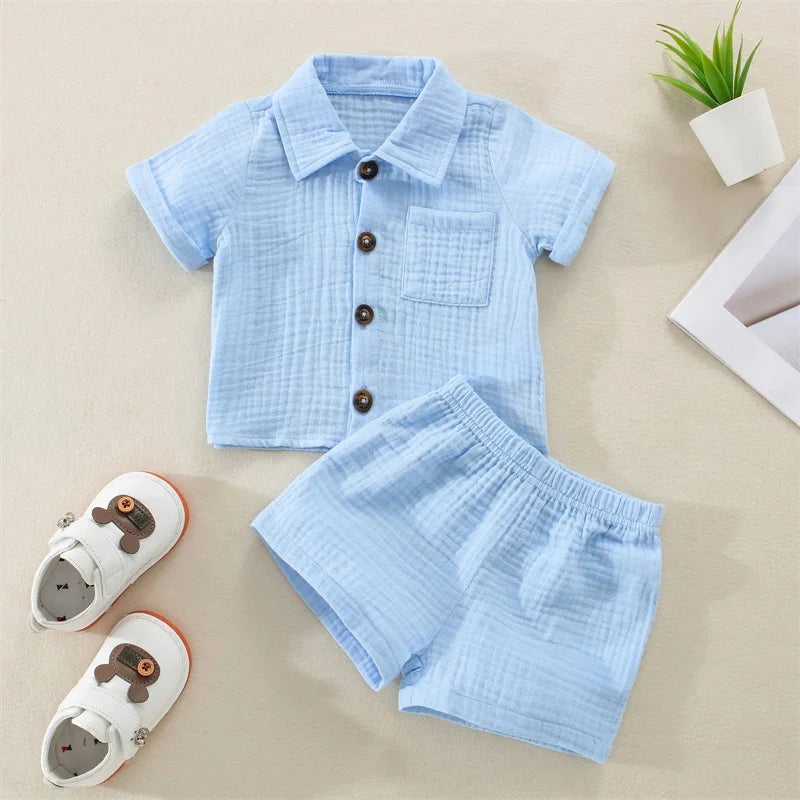 Cotton Linen Casual Toddler Baby Boys Summer Outfits Solid Short Sleeve Pocket Button Down Lapel Shirt + Shorts 2PCS Clothes Set