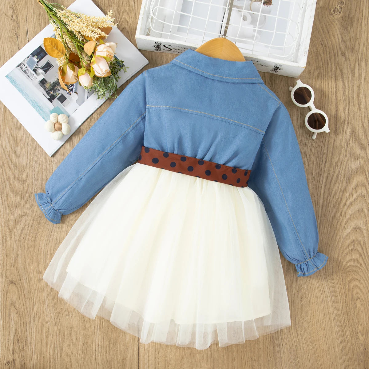 Spring Long Sleeved Dress Girl Denim Blue Dress Fake Two Pieces Tutu Dress For Kids Send Bow Belt