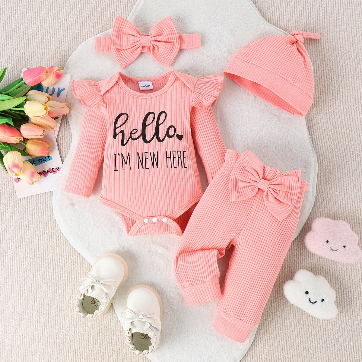 4PCS Summer 0-1 Year Old Cute Fashion Trend Comfortable Soft Baby Heeeoim New Here Cratered Striped Printed Long Sleeve Set