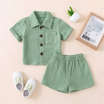 Cotton Linen Casual Toddler Baby Boys Summer Outfits Solid Short Sleeve Pocket Button Down Lapel Shirt + Shorts 2PCS Clothes Set