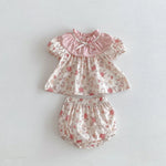 Floral Muslin Baby Girl Summer Set – 2PCS T-Shirt & Shorts Outfit with Bow Detail (0–12 Months)