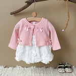 Baby Girl 3D Rose Knit Set – Pink Knitted Top & Beige Puff Skirt Outfit for Autumn (0–3 Years)
