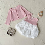 Baby Girl 3D Rose Knit Set – Pink Knitted Top & Beige Puff Skirt Outfit for Autumn (0–3 Years)