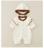 Knitted Patchwork Baby Romper with Hat – Embroidered Long Jumpsuit for Girls (1–3 Years)