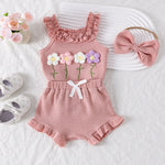 3PCSSummer new style girl baby 0-1 years old sweet and cute wool flower suspender coat + shorts