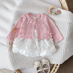Baby Girl 3D Rose Knit Set – Pink Knitted Top & Beige Puff Skirt Outfit for Autumn (0–3 Years)