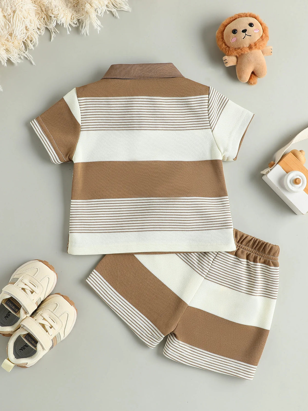 Children’s Summer New Arrival Boys’ Regular Striped Teddy Bear Short T-Shirt and Shorts Casual Sport Two-Piece Set