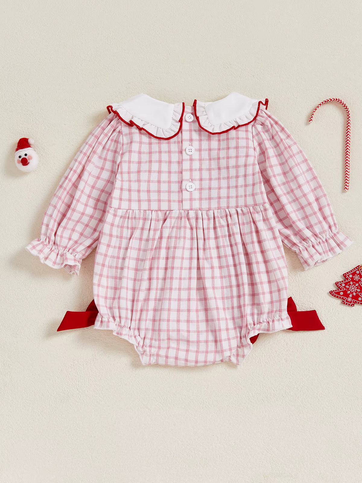 Christmas Baby Romper – Long Sleeve Bubble Bodysuit with Santa Embroidery & Doll Collar | Newborn Winter Outfit