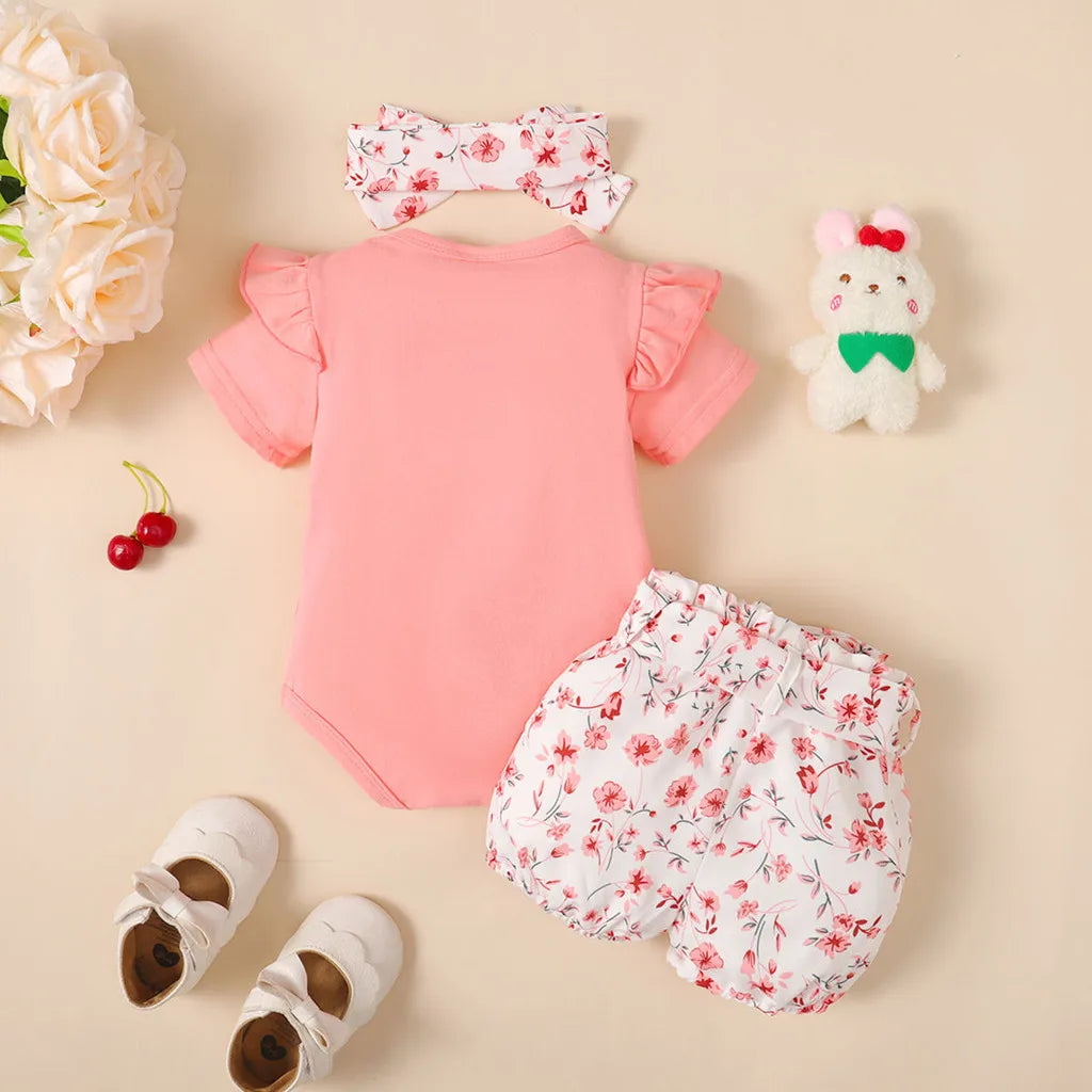 3PCS Baby Girl Clothes Outfits for 0-18 Months Ruffled Sleeve Lovely Rabbit Bodysuit+Flower Shorts+Headband Summer Casual Wear