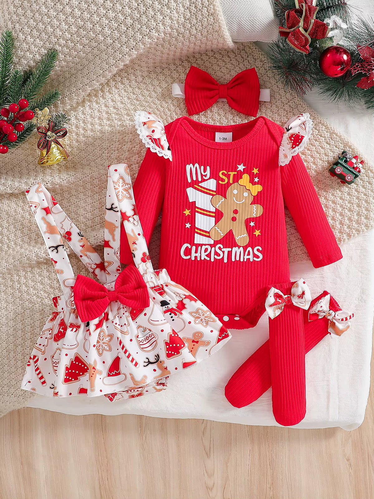 Christmas Baby Girl Outfit Set – Long Sleeve Romper, Suspender Jumpsuit, Bow Socks & Headband (0–12 Months)