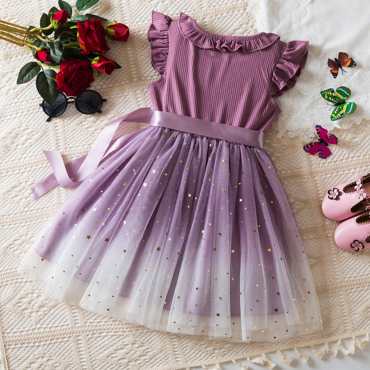 New Children's Dress for 3-8 Yrs Summer Dress Lotus Leaf Edge Design Bow Lace Up Star Sequin SweetTulle Kids Dresses for Girls