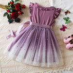 New Children's Dress for 3-8 Yrs Summer Dress Lotus Leaf Edge Design Bow Lace Up Star Sequin SweetTulle Kids Dresses for Girls