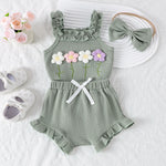 3PCSSummer new style girl baby 0-1 years old sweet and cute wool flower suspender coat + shorts
