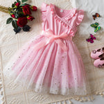New Children's Dress for 3-8 Yrs Summer Dress Lotus Leaf Edge Design Bow Lace Up Star Sequin SweetTulle Kids Dresses for Girls