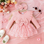 2PCS Autumn 0-1 Year Old Girl Baby Sweet And Cute Round Collar, Pit Strip, Flower Skirt, Long-Sleeved Suit + Bow Hair Band