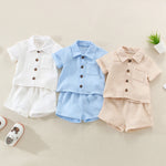 Cotton Linen Casual Toddler Baby Boys Summer Outfits Solid Short Sleeve Pocket Button Down Lapel Shirt + Shorts 2PCS Clothes Set