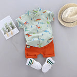 Infants and Toddlers Covered in Printed Cartoon Dinosaur Stand-up Collar Shirt Short Sleeve 2 Piece Set