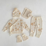 Floral Jacquard Knit Baby Set – 4PCS Autumn & Winter Outfit with Coat, Pants, Hat & Socks (1–3 Years)