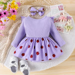 Autumn New Style, Sweet And Cute, Bow Bow, Pit Strip, Flower Print, Round Collar Dress + Same Headband
