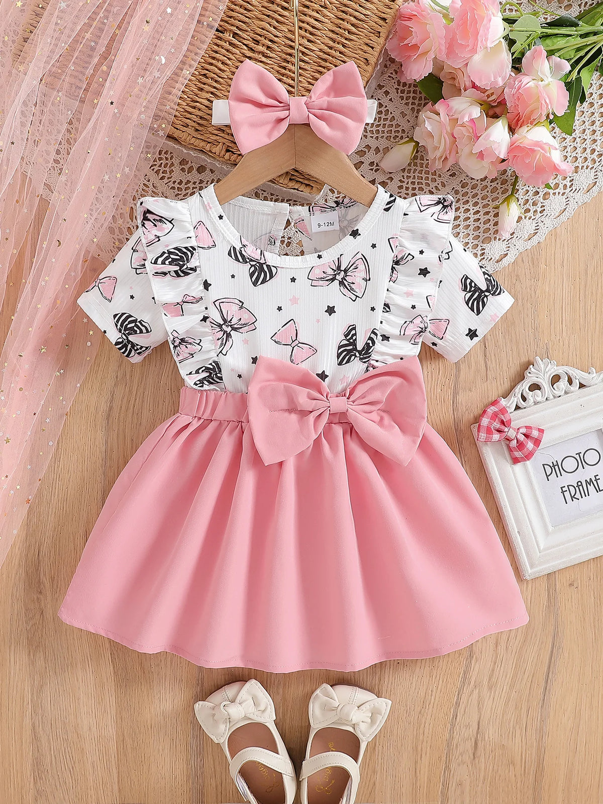 Baby Girl Cute Summer Round Neck Cartoon Bow Pattern Short Sleeved Pleated Fake Two-Piece Set Spliced Dress And Headband